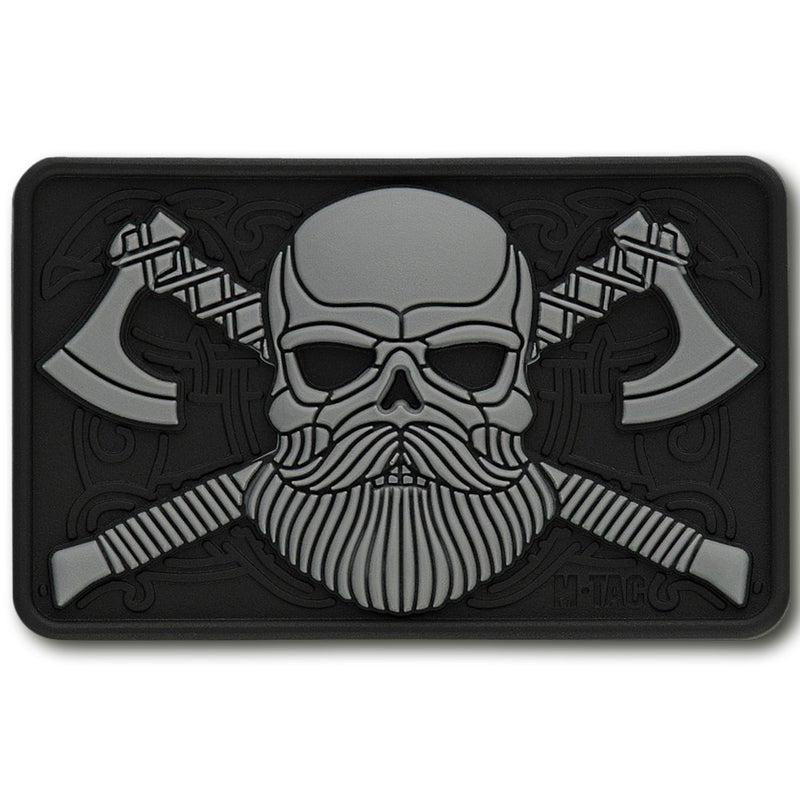 M-Tac Tactical Beard Skull Patch - Military Morale Patch for Gear, Jackets, Backpacks, and Hats - Hook Fasteners for Clothes and Tactical Equipment (Black/Grey) - Image 1